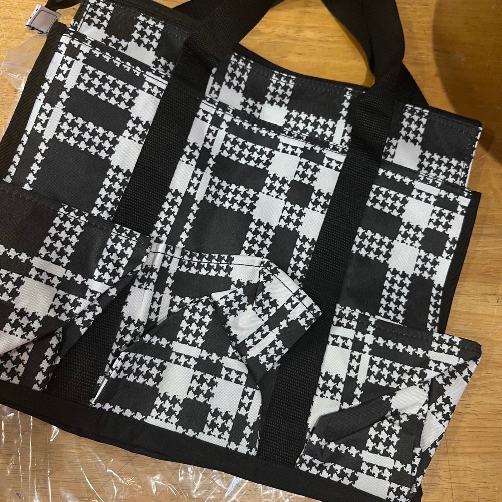 Thirty-One Zip-Top Organizing Utility Tote Houndstooth Plaid Black White 51AL660